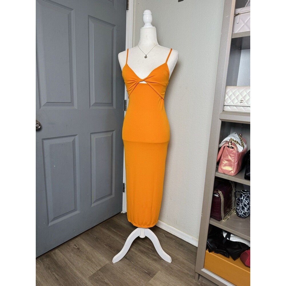 Zara Marigold Orange Ribbed Twist-Front Cut-Out Midi Dress - Size S - NWT